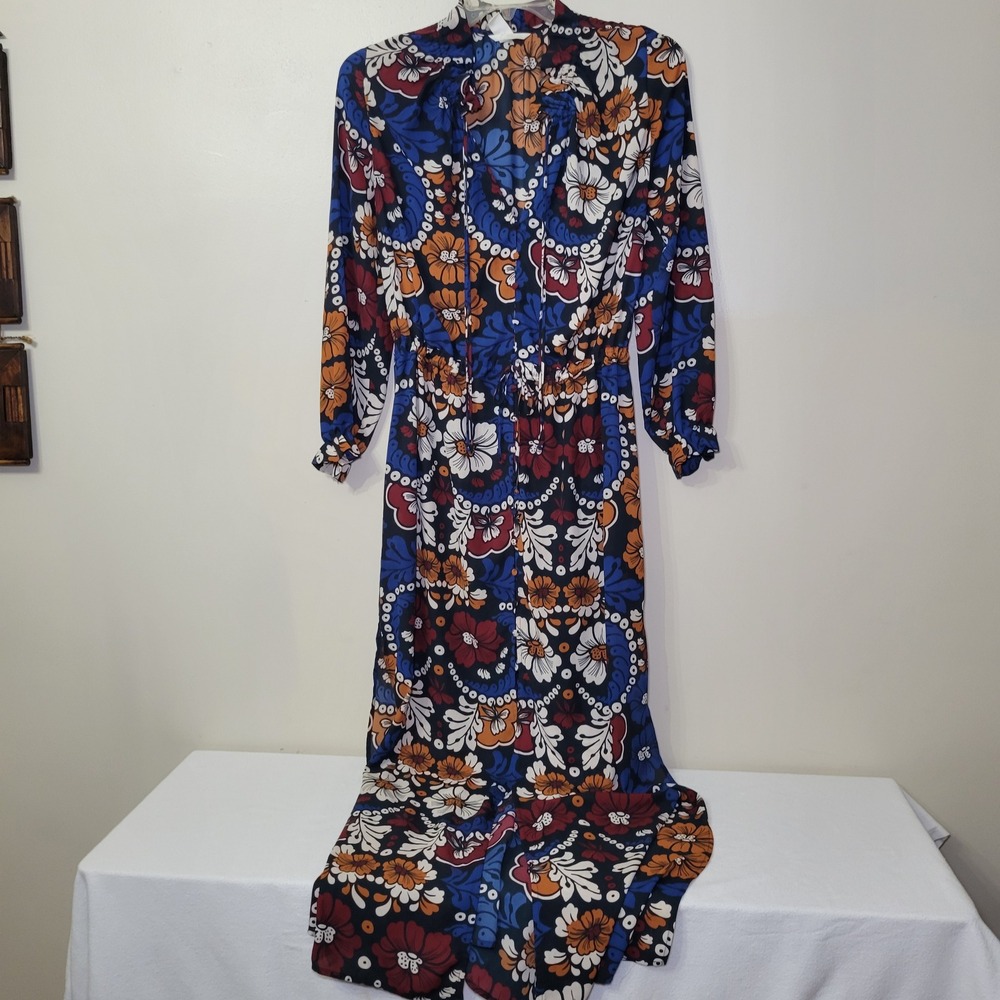 H&M Floral Medallion Maxi Dress Blue Orange Boho Tie Neck Button Front Size 4